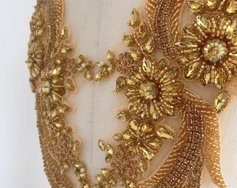 Goldene Strass-Applikation, Kristall-Mieder-Patch, Strass-Blumen-Applikation für Haute Couture, Brautkleid, Tanzkostüm