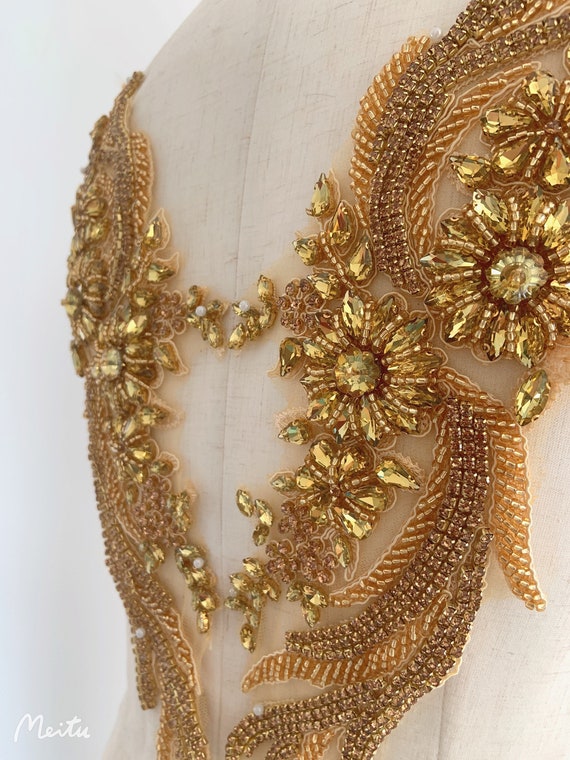 Gold rhinestone applique, crystal bodice patch, rhinestone patch for haute couture, dance costume
