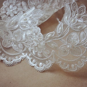 ivory Bridal Lace trim, beaded Alencon Lace Trim, wedding lace, silver embroidered lace, trim lace, scalloped lace trim CGDZ046B image 4