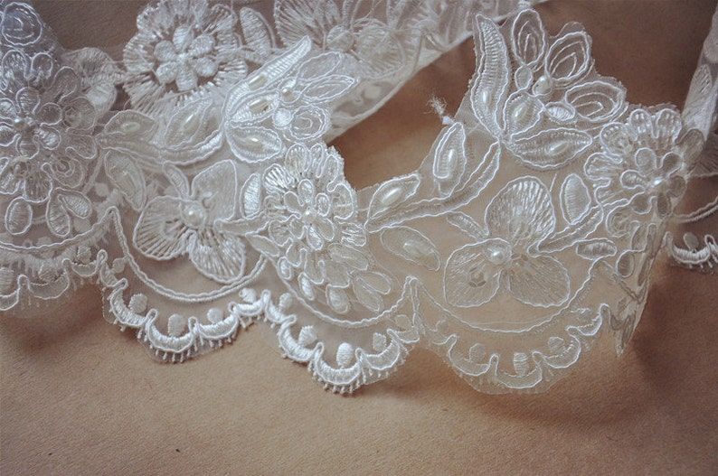 ivory Bridal Lace trim, beaded Alencon Lace Trim, wedding lace, silver embroidered lace, trim lace, scalloped lace trim CGDZ046B image 4