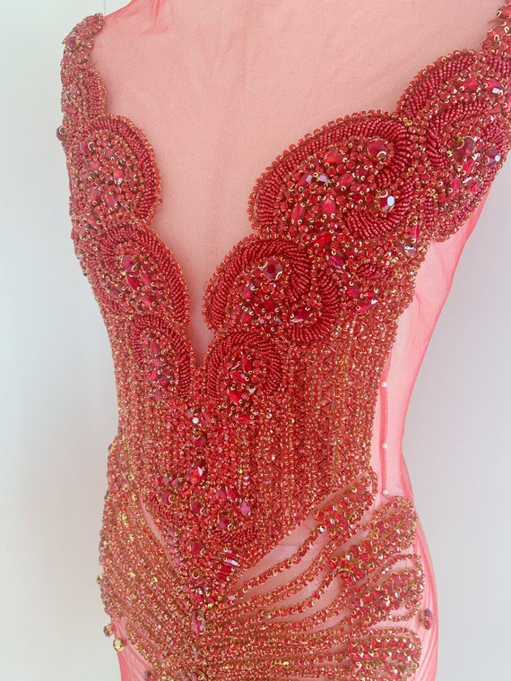 Red Full bodice Rhinestone appliqué, rhinestone dress, crystal applique for couture, dress, costume, stage performance