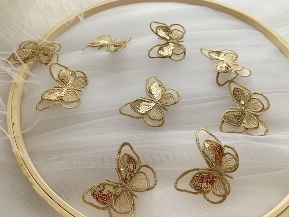 10pcs gold butterfly lace applique, metallic gold butterfly bodice patch