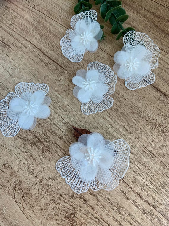 white lace flower appliqué with sequins, 3d bead floral patch, handcrafted florals for garment supplies