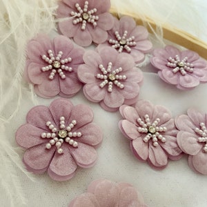 5pcs light purple  3d flowers applique, heavy bead petals with rhinestone