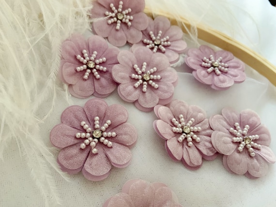 5pcs light purple  3d flowers applique, heavy bead petals with rhinestone