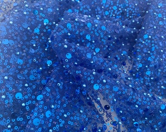 Blue bead lace fabric, sparkle French bead lace fabric with sequins, sequin fabric for dress, couture, costume