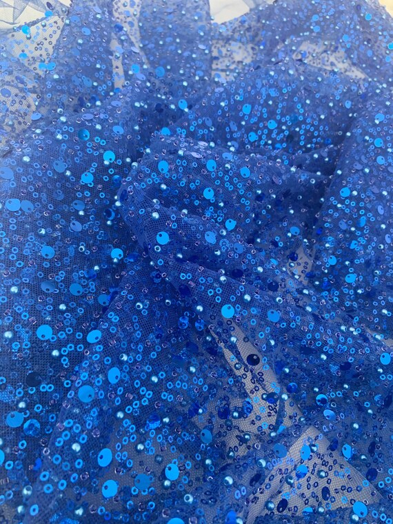 Blue bead lace fabric, sparkle French bead lace fabric with sequins, sequin fabric for dress, couture, costume