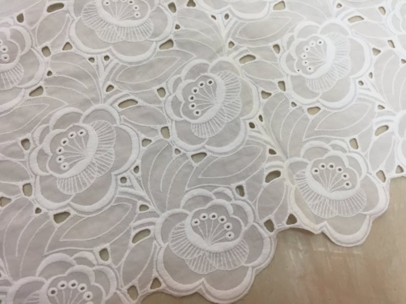 White Cotton Eyelet Lace Fabric With Florals Scalloped Etsy