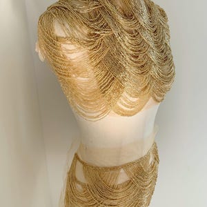 Guldfärgade chevronfransutsmyckning för plagg, pärlkroppssmycken, pärlmantel, applikation med pärlfransar för couture-tillbehör, klänning, kostym bild 3
