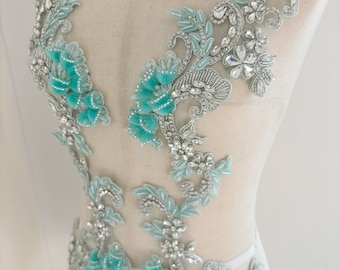 Aqua blue Rhinestone applique with 3d lily flowers