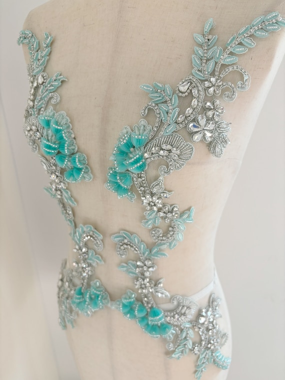 Aqua blue Rhinestone applique with 3d lily flowers