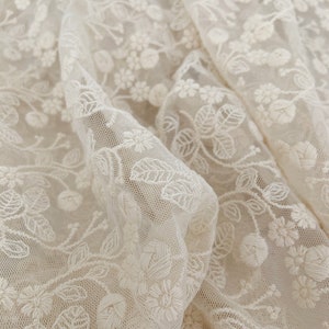 Ivory Embroidered Tulle Lace Fabric With Elegant Florals, Beige Mesh ...