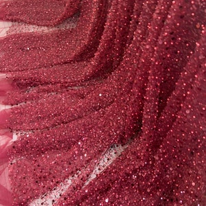 Wine red bead lace fabric, sparkle French bead lace fabric with sequins, sequin fabric for dress, couture, costume