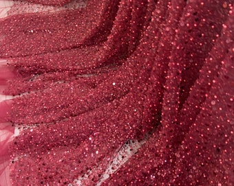 Wine red bead lace fabric, sparkle French bead lace fabric with sequins, sequin fabric for dress, couture, costume