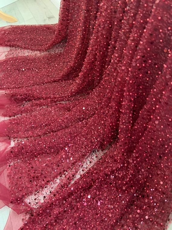 Wine red bead lace fabric, sparkle French bead lace fabric with sequins, sequin fabric for dress, couture, costume