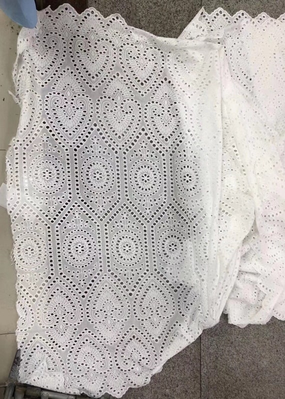 Cotton eyelet lace fabric with retro floral pattern by the yard, cotton voile lace fabric, off white lace fabric