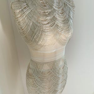 Silver beading chevron fringe cape, beading body jewelry , fringe embellishment, bead fringe bodice appliqué for couture, dress, costume