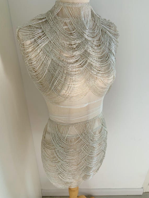 Silver beading chevron fringe cape, beading body jewelry , fringe embellishment, bead fringe bodice appliqué for couture, dress, costume
