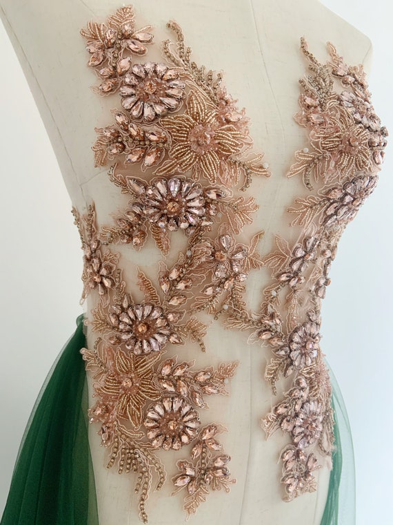Peach Pink rhinestone applique, crystal bead bodice patch, hand crafted rhinestone applique for couture, dress, dance costume