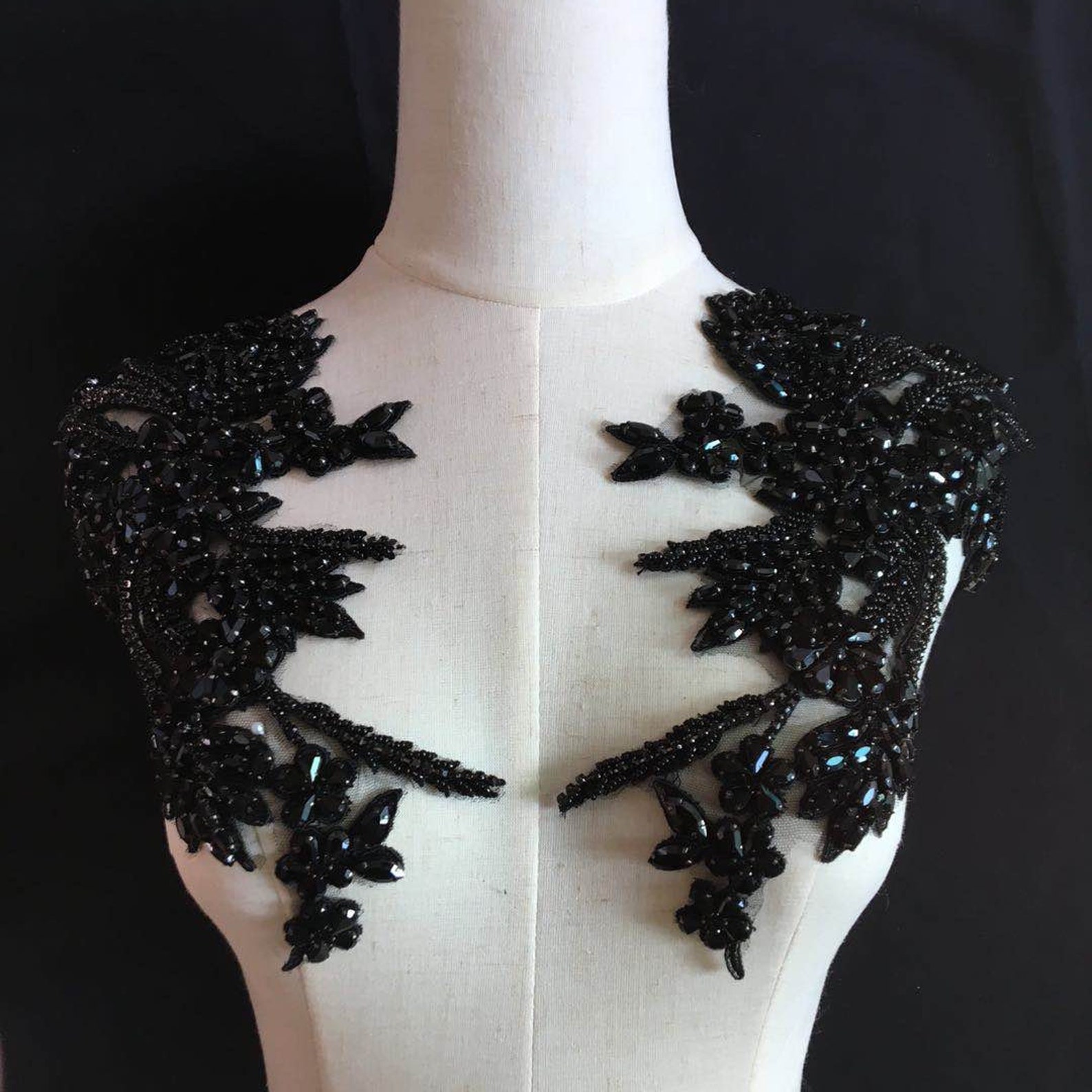 Black bead applique heavy bead applique bead bodice patch Etsy