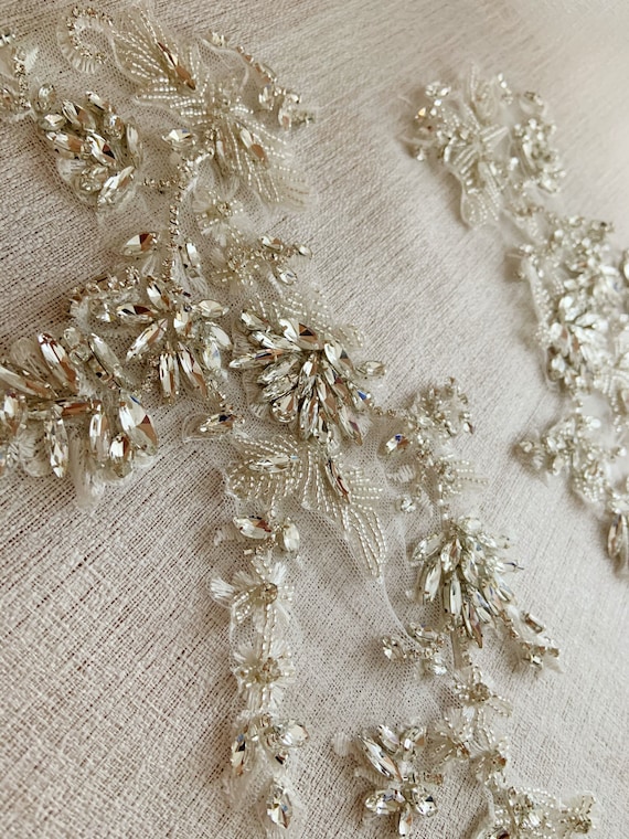 Rhinestone applique with 3D bead flowers, rhinestone appliqués for dress and couture