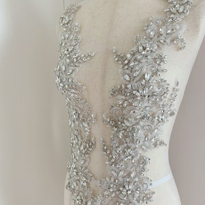 Silver rhinestone applique for couture, crystal bead bodice patch, hand crafted rhinestone bead applique for prom dress