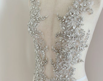 Silver rhinestone applique for couture, crystal bead bodice patch, hand crafted rhinestone bead applique for prom dress