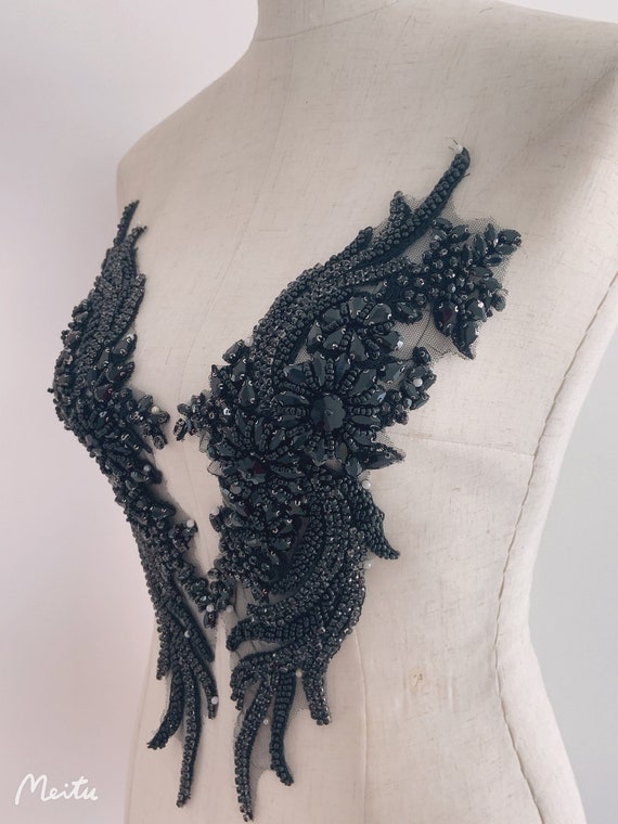 Black rhinestone applique, crystal bodice patch, heavy  for couture dance costume , black rhinestone patch