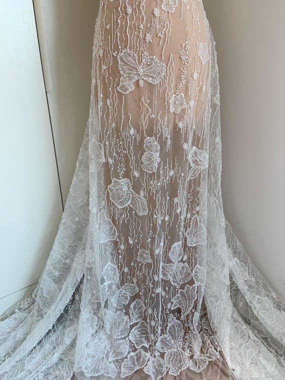 White Bead chantilly lace fabric for wedding dress, sequined chantilly fabric for couture, fairytale dress fabric
