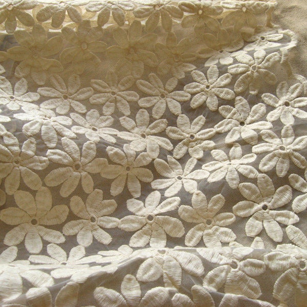 ecru lace fabric, organza lace fabric, embroidered lace fabric, retro daisy floral lace fabric, curtain fabric lace