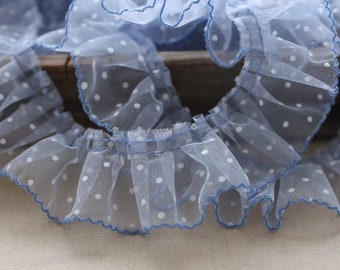 10 yards light baby blue ruffled trim with velvet polka dots, pleated frill trim with polka dots, tulle ruffled trim