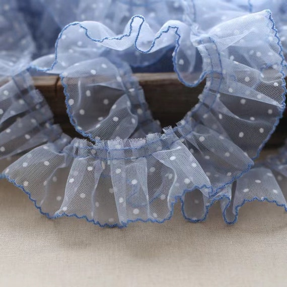 10 yards light baby blue ruffled trim with velvet polka dots, pleated frill trim with polka dots, tulle ruffled trim