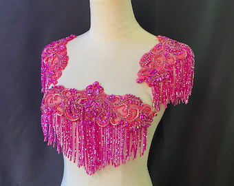 Hot Pink Rhinestone applique with crystal fringe for party dress, body jewelry with fringe, crystal embellishment for couture, dance costume