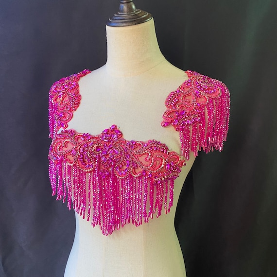 Hot Pink Rhinestone applique with crystal fringe for party dress, body jewelry with fringe, crystal embellishment for couture, dance costume