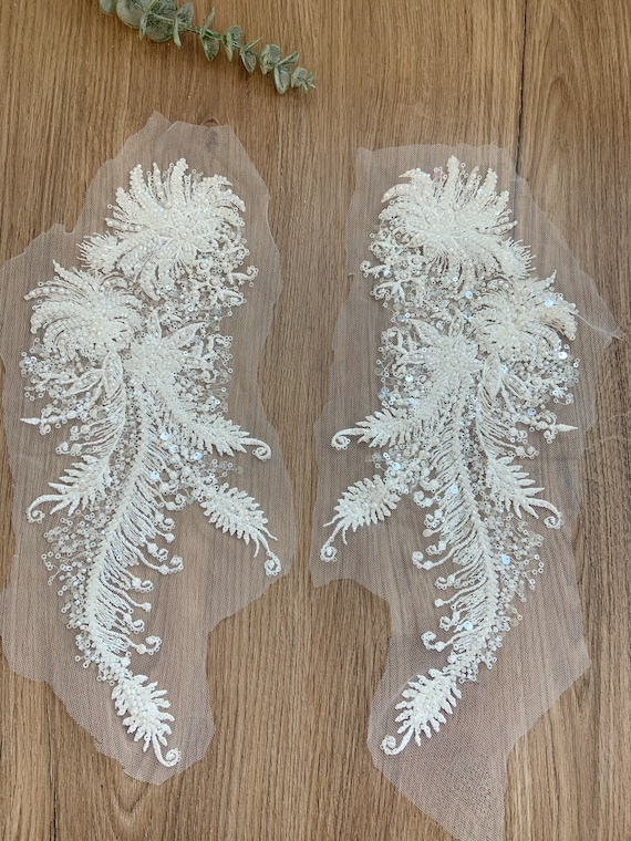 heavy bead Lace Applique for bridal dress, couture, heavy embroidered lace bodice with beads and sequins