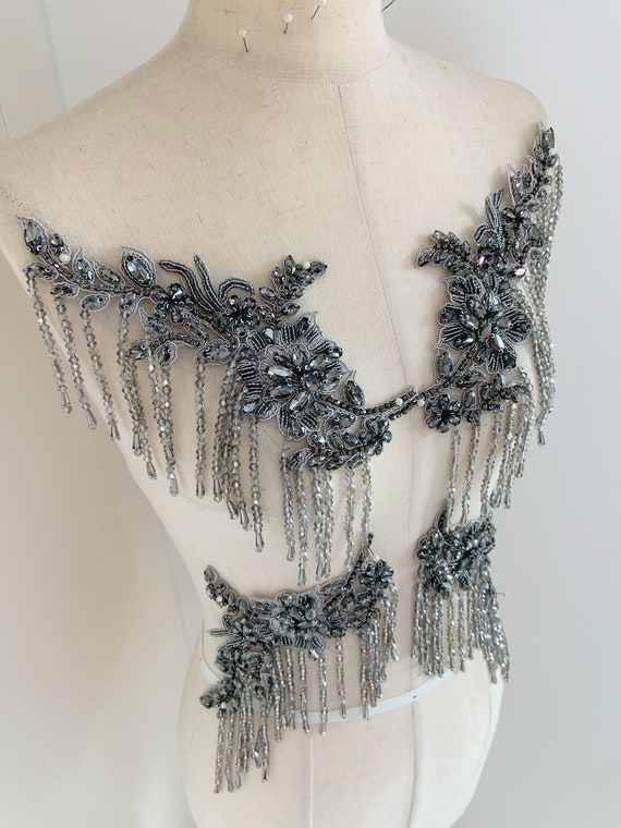 Grey rhinestone applique with fringe for dance costume, body jewelry with tassels, crystal embellishment patch for couture, dance wear