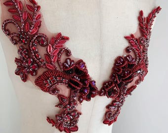 Aplique de diamantes de imitación rojo vino con flores 3D, parche de diamantes de imitación florales 3D para vestido, suministros de indumentaria