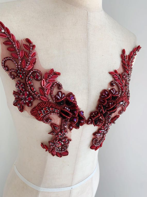 Wine red rhinestone applique applique with 3d flowers, 3d floral rhinestone patch for dress, apparel supplies