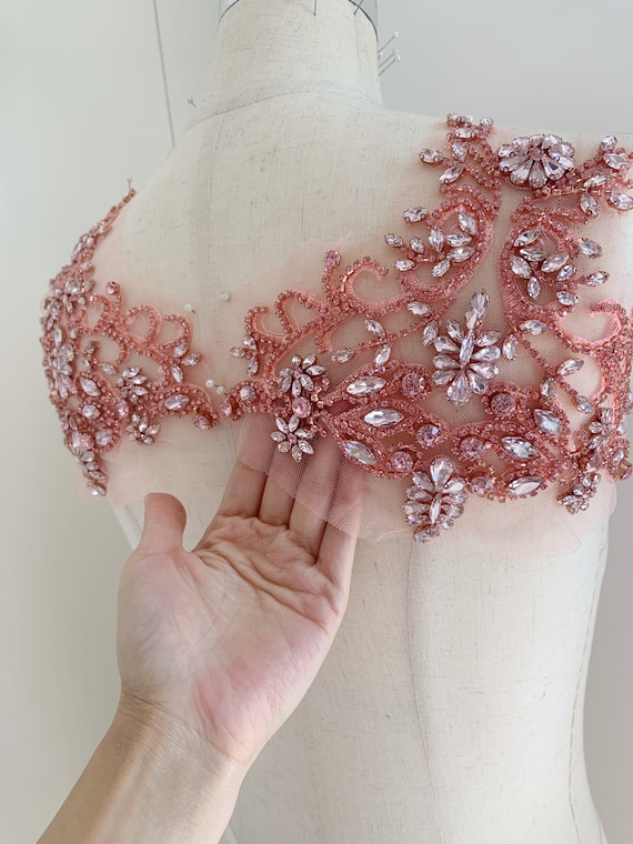 New Pink Rhinestone bead applique, crystal bodice patch, heavy bead handmade bodice patch