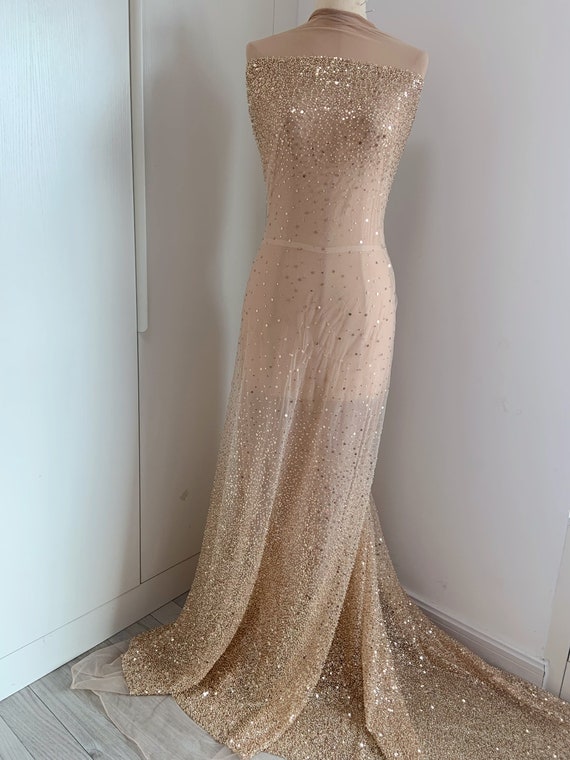 Gold heavy bead tulle lace fabric with flowers for bridal dress, wedding dress, veil, gowns, evening dress