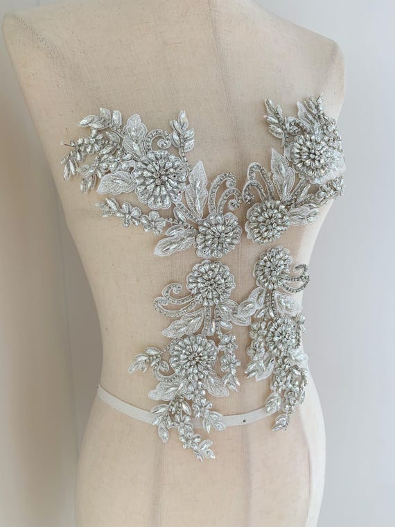 One pair Silver Rhinestone applique with 3d florals, handcrafted flowers patch, rhinestone patch applique for couture and bridal dress