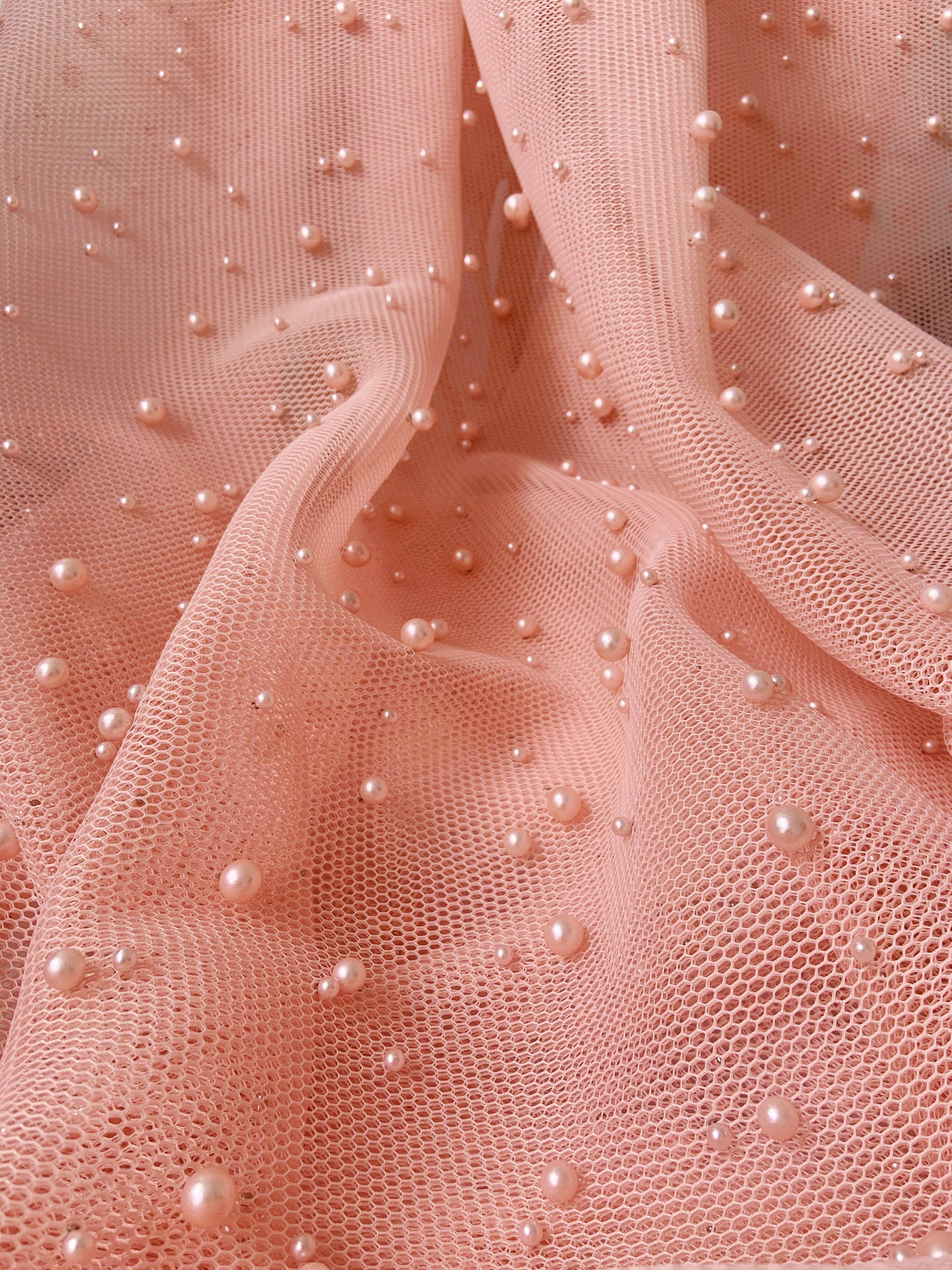 Off White Mesh Fabric With Pearls, Pearl Bead Net Fabric for