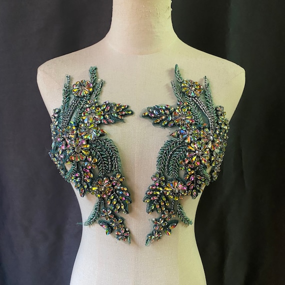 Green AB Rhinestone applique patch, crystal bodice patch, handmade rhinestone applique for dance costume, couture supplies