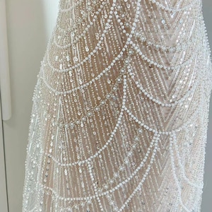 ivory pearl Bead lace fabric for wedding dress, bead and sequined tulle fabric for bridal dress