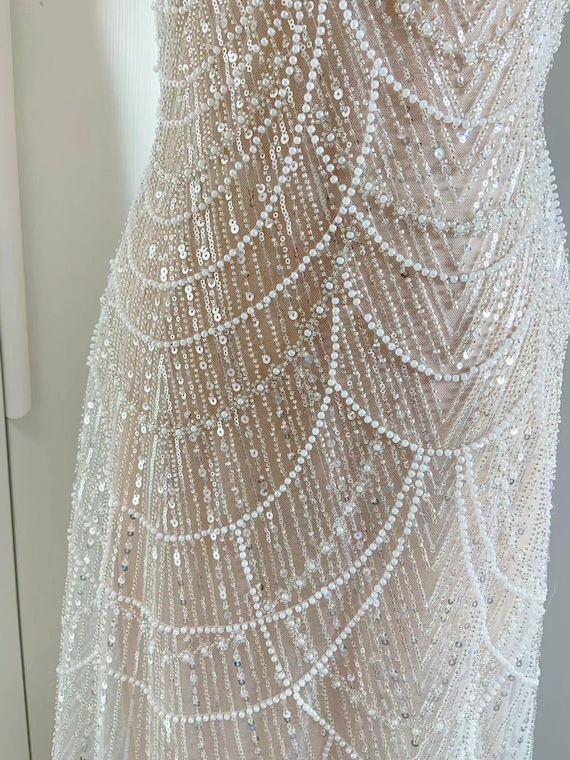 ivory pearl Bead lace fabric for wedding dress, bead and sequined tulle fabric for bridal dress