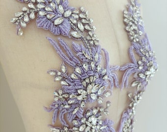 Lavender purple rhinestone appliqué  for couture, costume, dress, crafted florals motif bodice, deluxe bead florals applique for couture