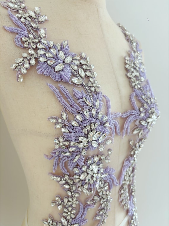 Lavender purple rhinestone appliqué  for couture, costume, dress, crafted florals motif bodice, deluxe bead florals applique for couture