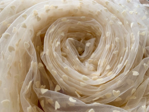 Ivory beige tulle Lace fabric with velvet hearts, tulle mesh fabric with velvet dot, new arrival, hot selling
