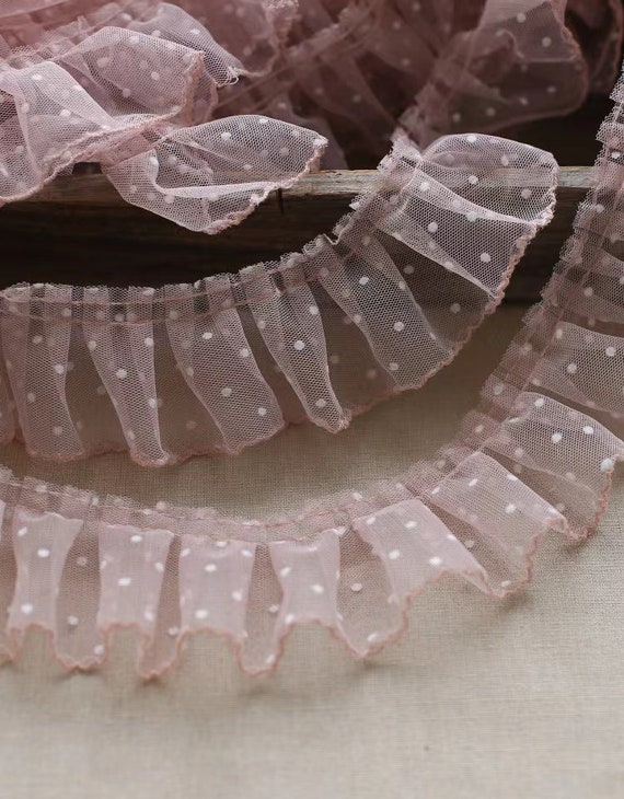 10 yards mauve pink ruffled trim with velvet polka dots, pleated frill trim with polka dots, new arrival
