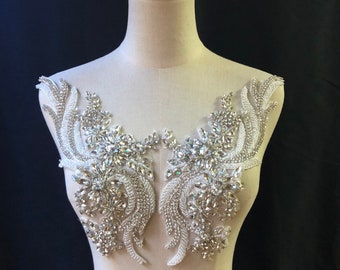 Bridal bead applique, crystal bodice patch, heavy bead applique for couture